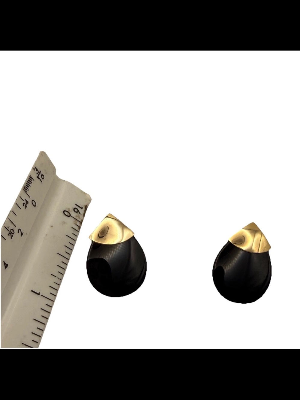 14K Solid Yellow Gold & Black Onyx Teardrop Stud Earrings - Picture 2 of 4